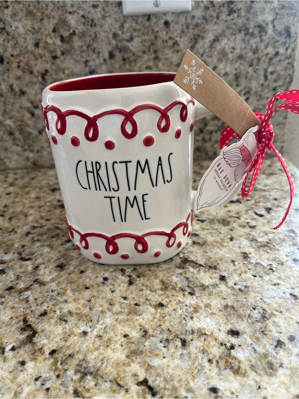 Rae Dunn White Ceramic Mug with Red Trim Christmas Time